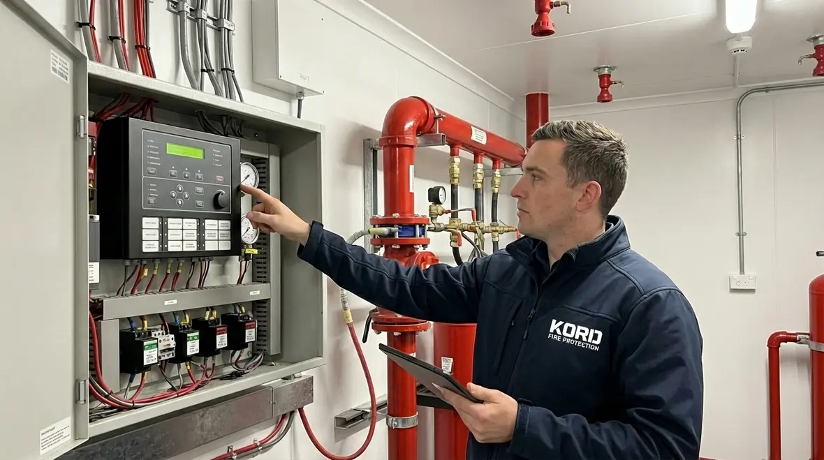 Technicians inspecting automatic fire suppression system piping