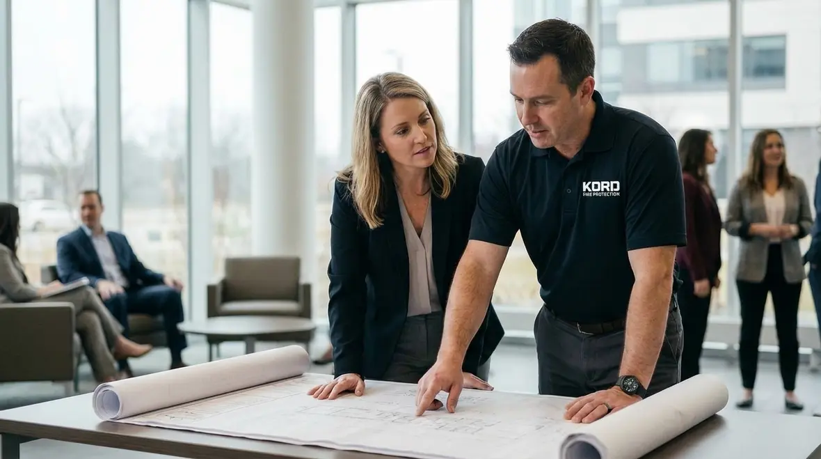 Full-service fire protection technicians reviewing building systems