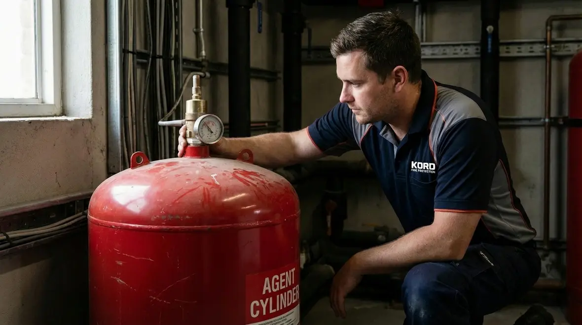 Technician performing Pasadena fire suppression inspection on hood system