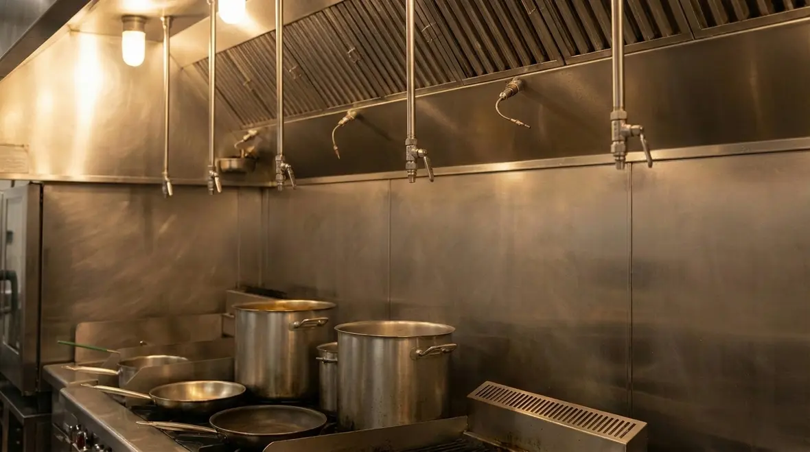 Kitchen fire suppression nozzles over commercial cooking equipment