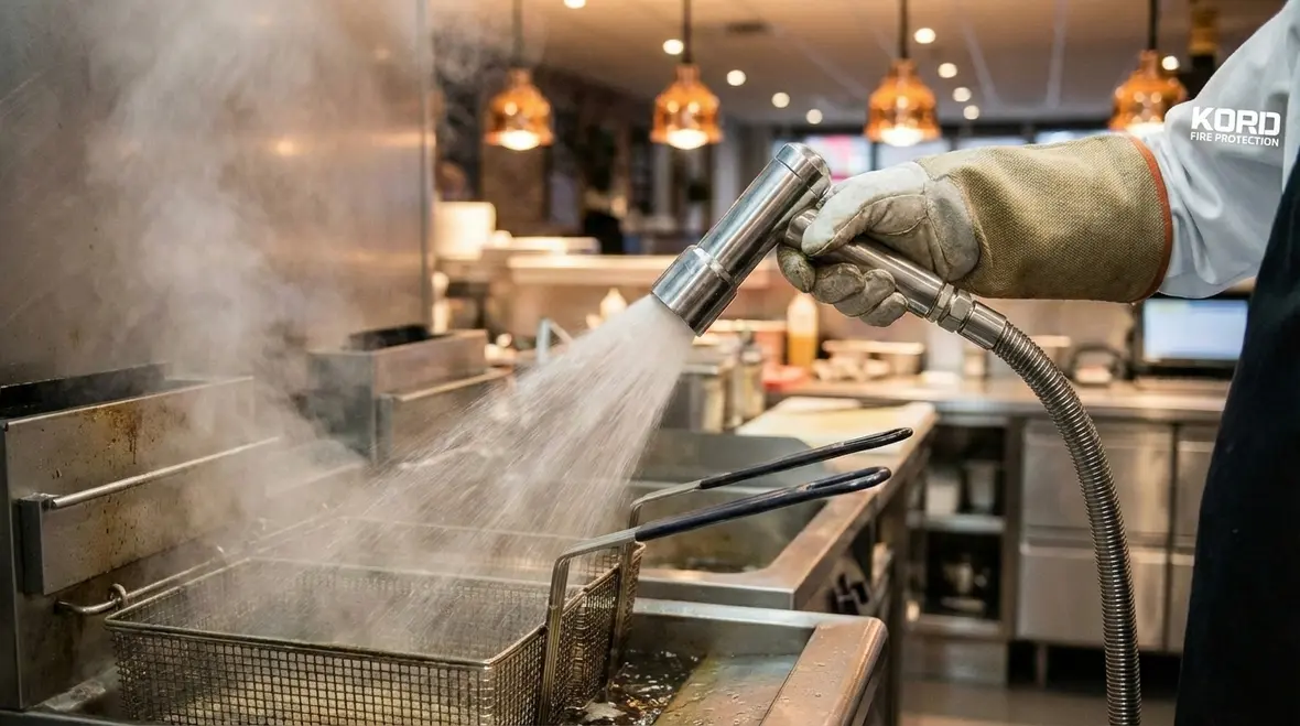 Diagram of kitchen suppression system over fryers and range