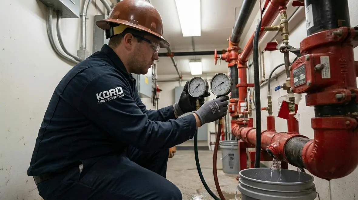 Technician conducting fire system flow testing and monitoring