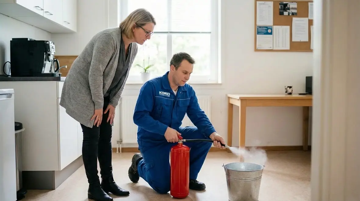 Business owner reviewing fire extinguisher compliance records