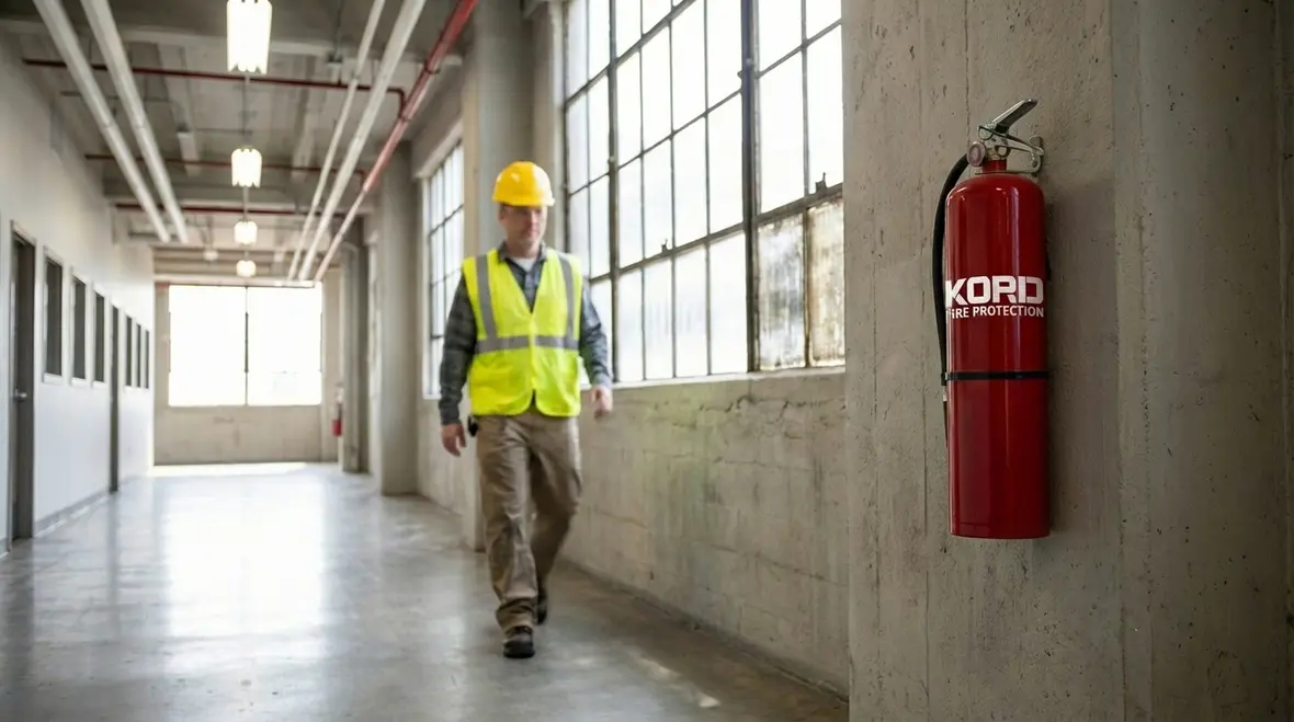 Technician verifying extinguisher placement and visibility in an office corridor