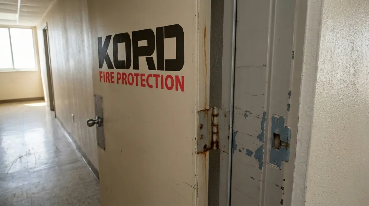 Worn hinges and gaps on Santa Monica fire door