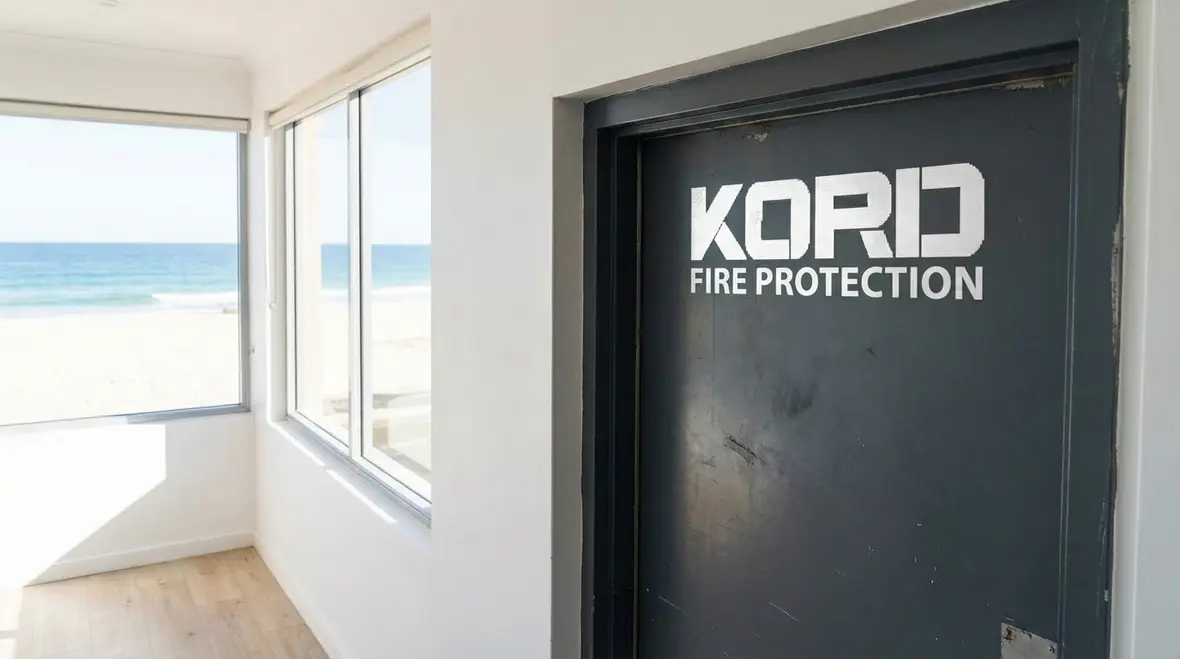 Technician inspecting Santa Monica fire door in corridor