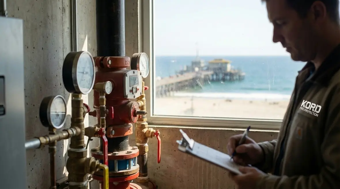 Inspector reviewing Santa Monica fire sprinkler control valves and gauges