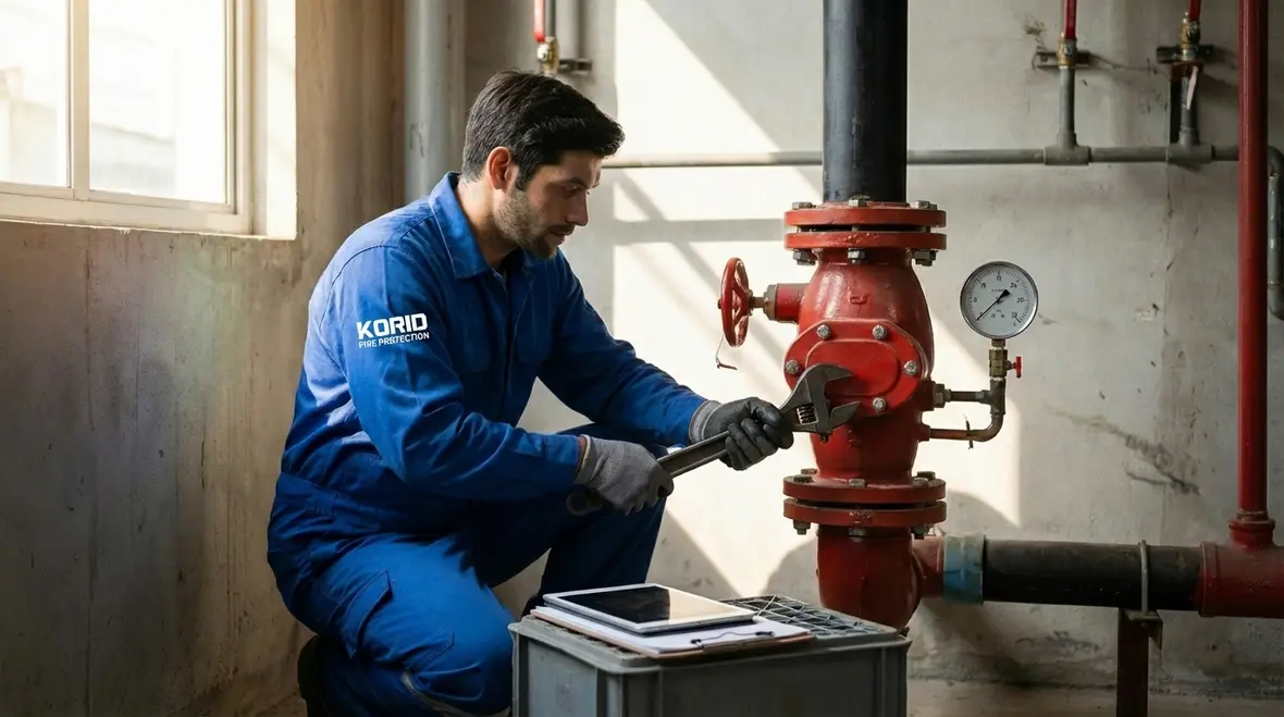 Fire protection technician testing water flow on a Santa Monica sprinkler system