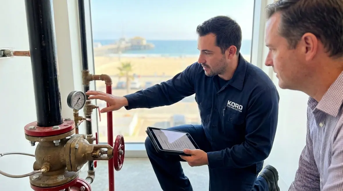 Technician performing Santa Monica fire sprinkler inspection in commercial building