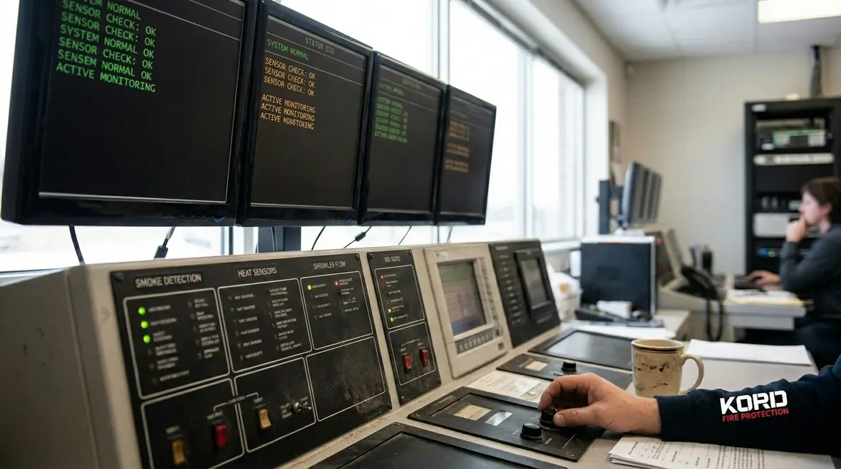 Technician configuring smart fire protection dashboard