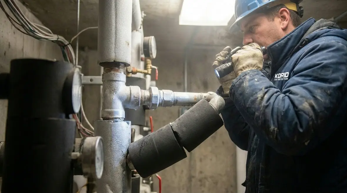 Technician inspecting sprinkler freeze prevention components in cold weather area