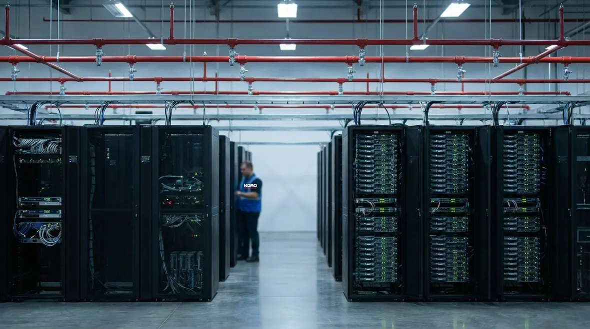 Technician preparing for room integrity testing in a data center