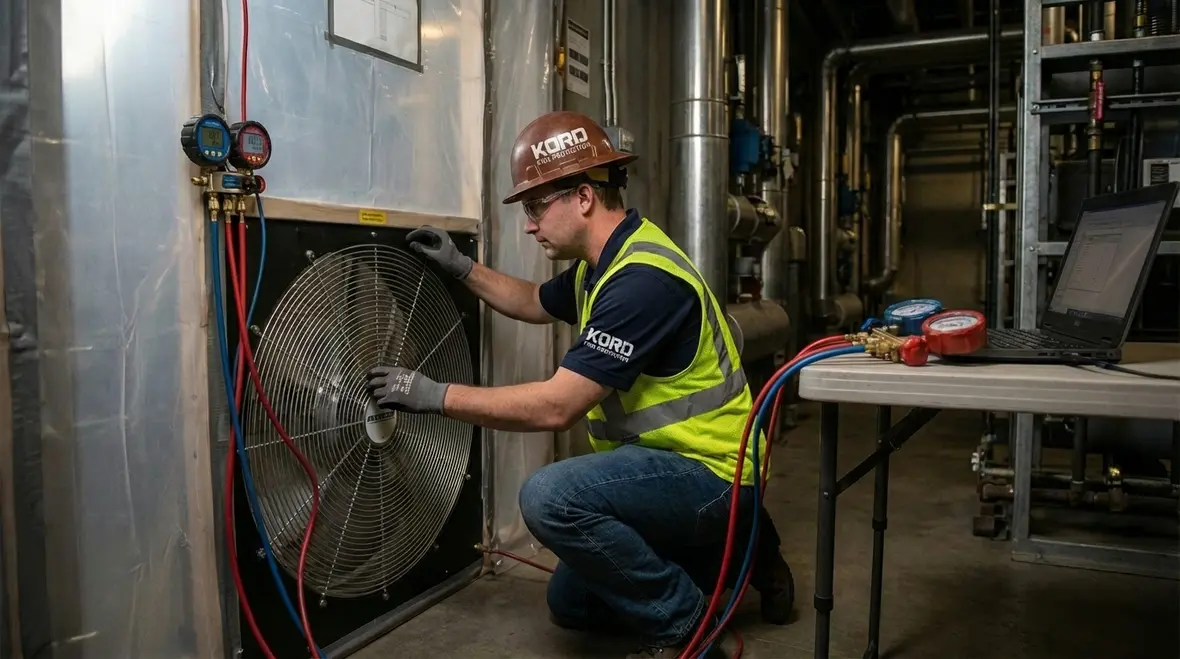 Door fan set up for room integrity test on gas system enclosure