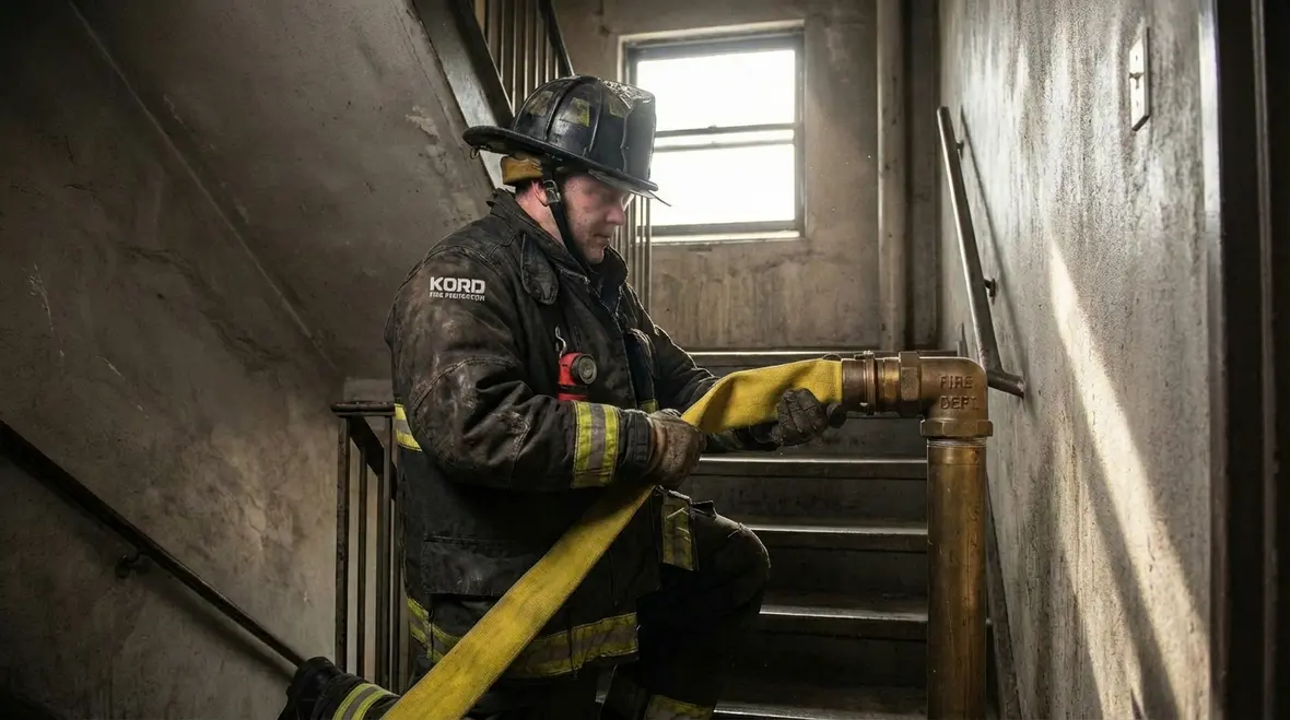 Standpipe riser and valves serving upper floors in a Torrance building