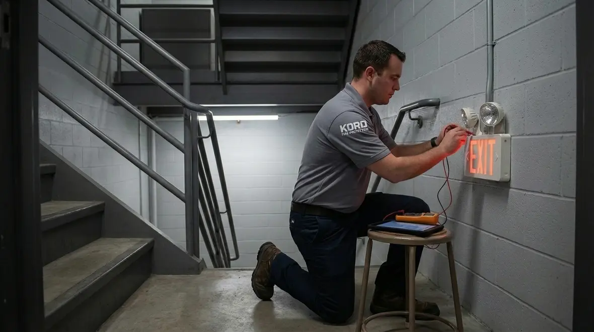 Technician testing emergency exit lights before a fire inspection