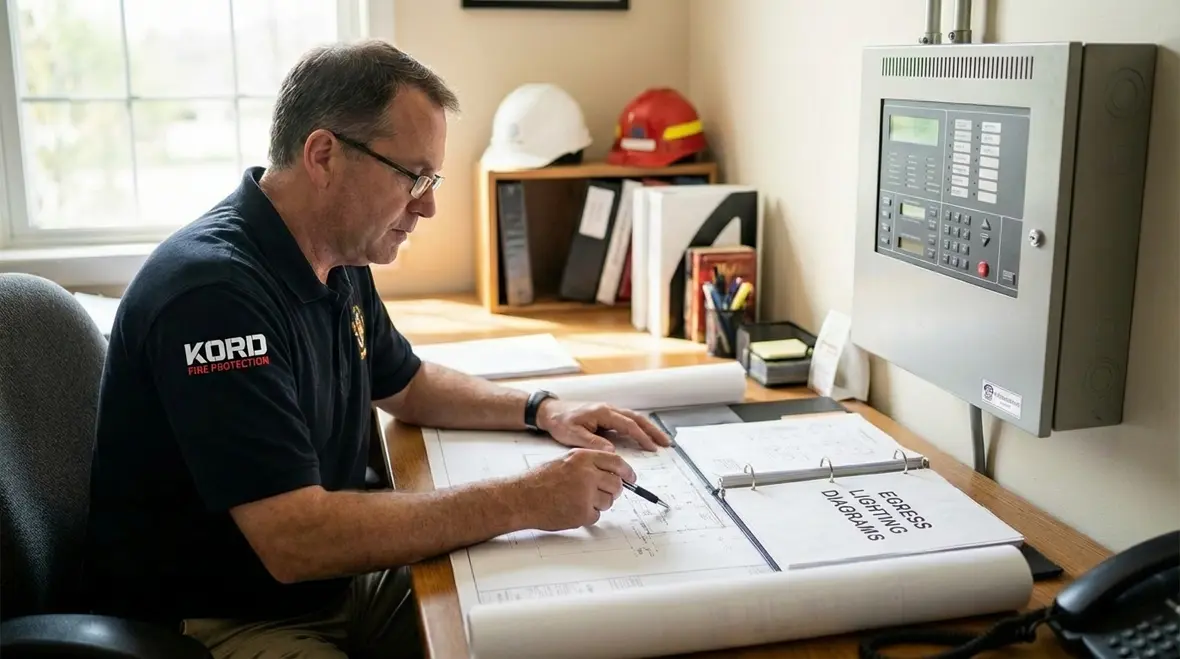 West Hollywood fire protection technician reviewing liability and compliance records