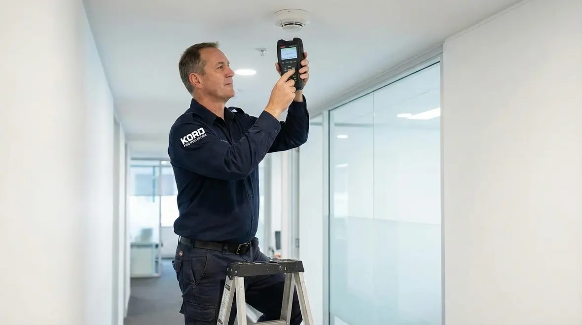 Technician performing smoke sensitivity test on fire alarm