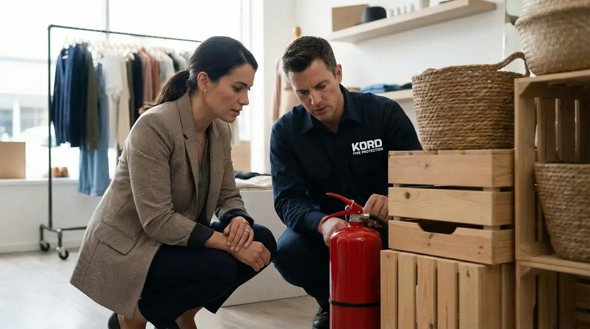 Technician performing professional fire extinguisher maintenance