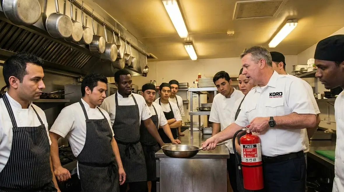 Wall-mounted fire extinguisher ready for emergency use