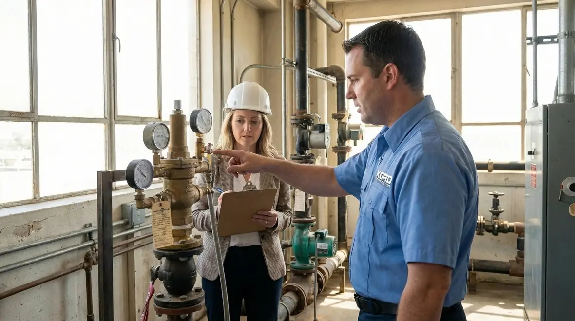 Technician performing fire sprinkler inspection in a commercial building near Inglewood