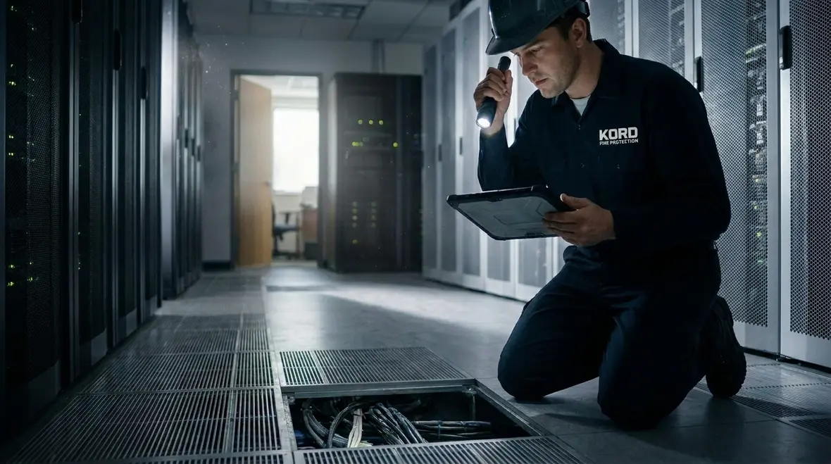 Engineers evaluating clean agent suppression design in a data center