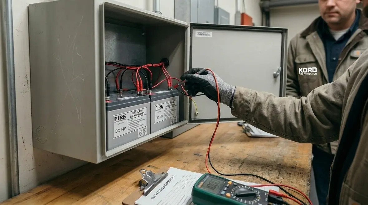 Commercial fire alarm control panel and battery cabinet in building