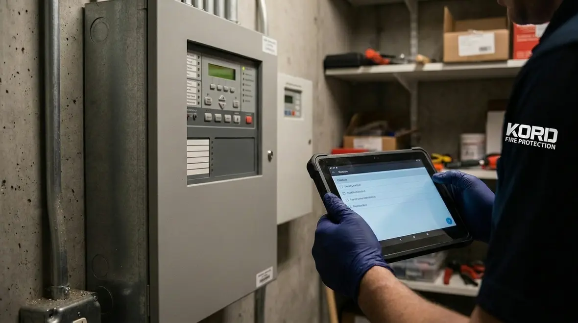 Technician checking commercial fire alarm backup batteries in panel