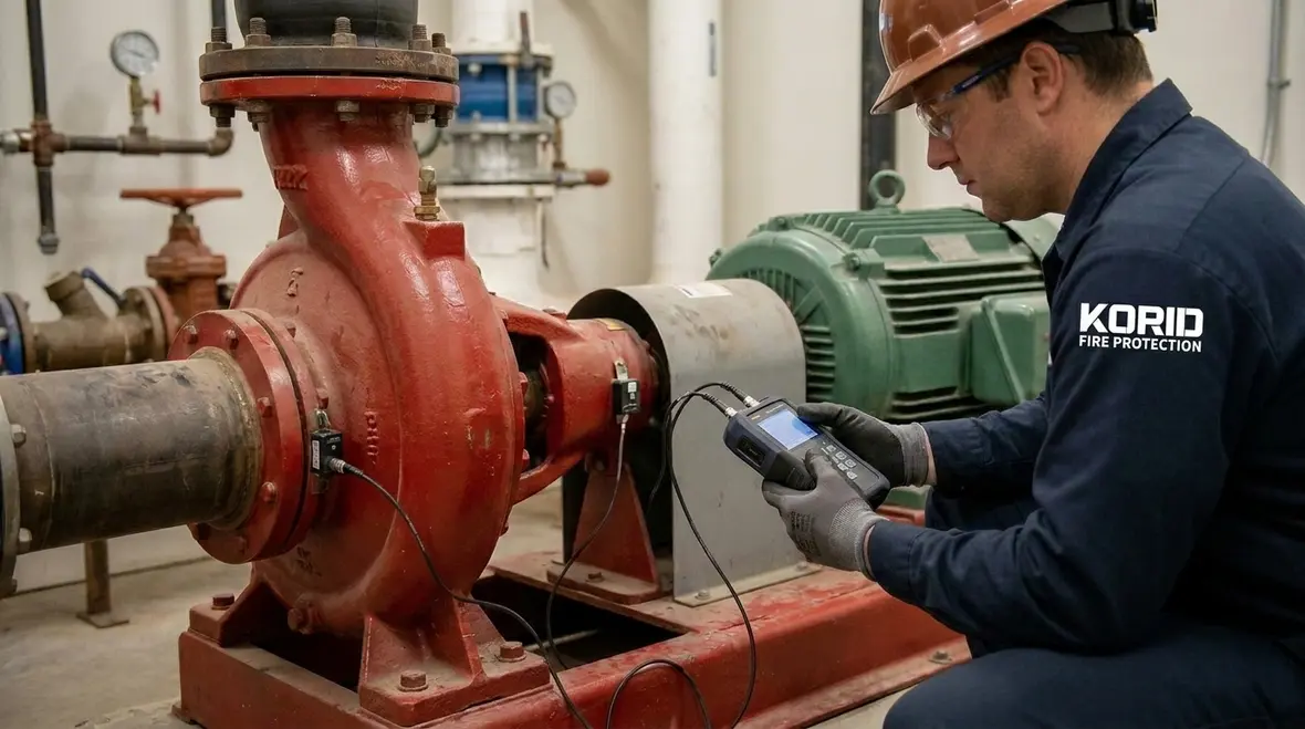 Technician performing commercial fire pump vibration analysis