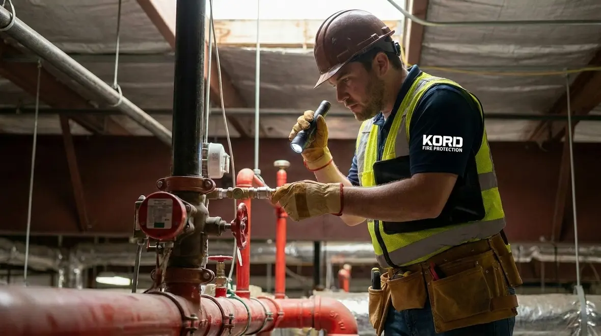 Technician reviewing commercial fire suppression maintenance records