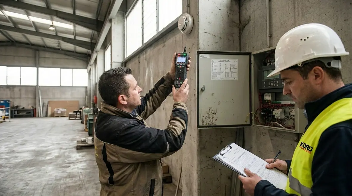 Technicians reviewing fire alarm design documentation for warehouses