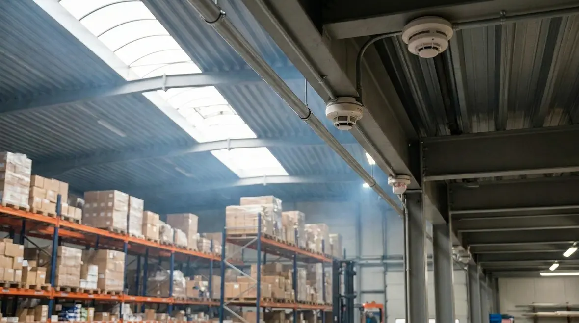 Airflow patterns affecting fire alarm detection in a high-ceiling warehouse