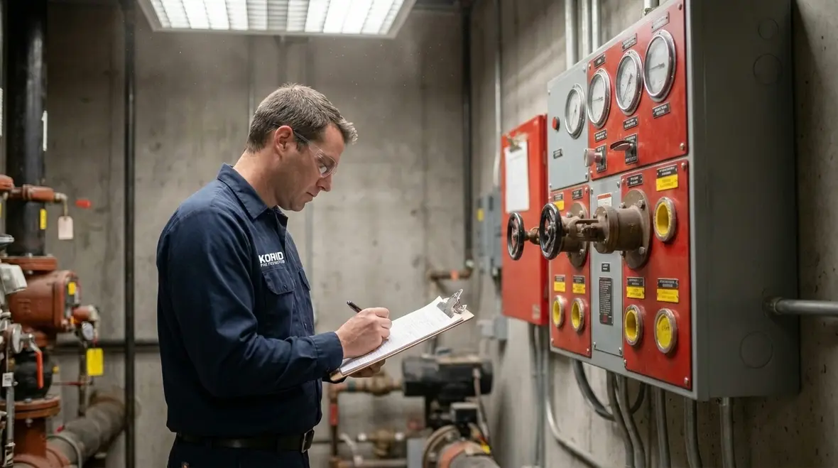 Technician inspecting commercial sprinkler valves and gauges