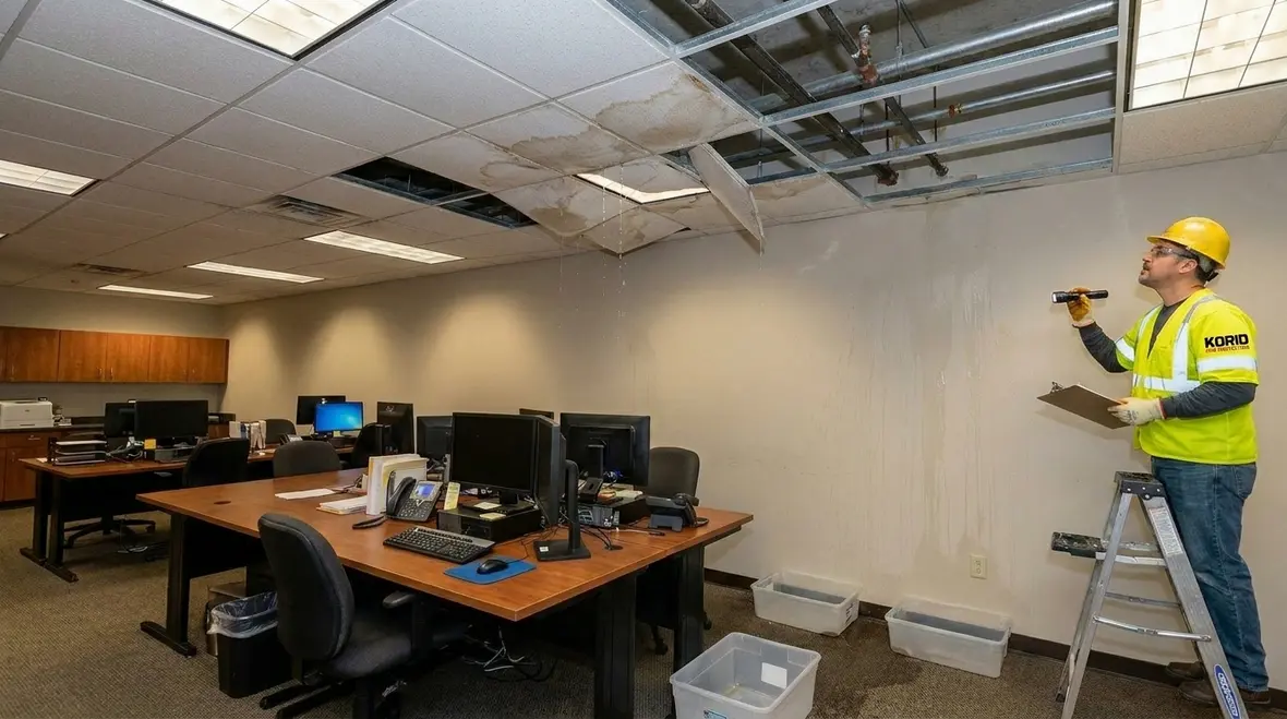 Commercial sprinkler system water spread across ceiling and wall areas