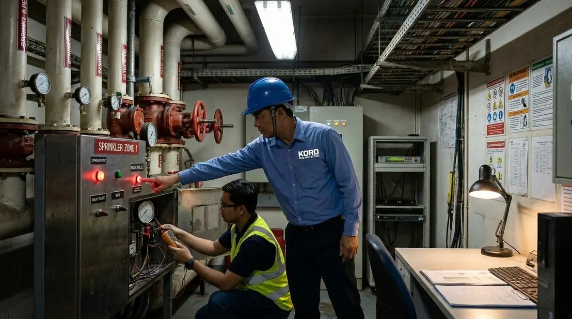 Technician inspecting commercial sprinkler valves and gauges for leak prevention