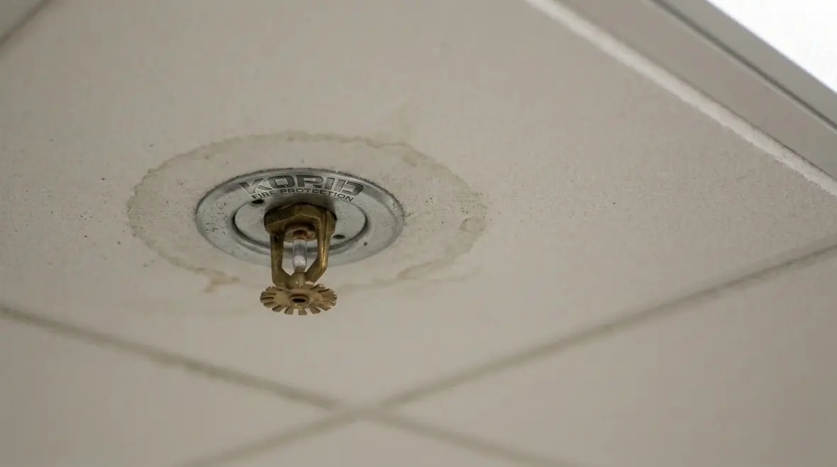 Leaking commercial sprinkler piping and early water damage signs