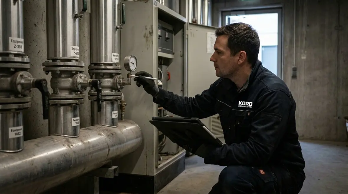 Commercial sprinkler riser inspection and valve review by technicians