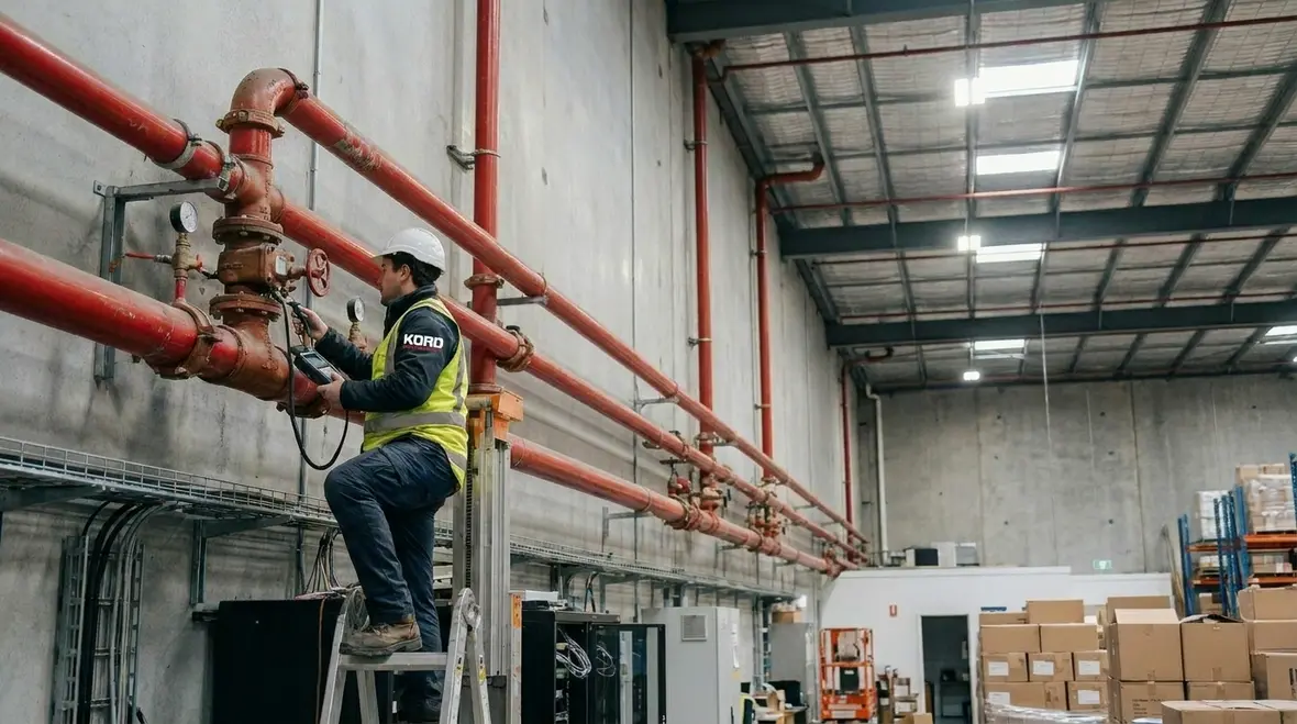 Technician evaluating flow and pressure across a commercial sprinkler system