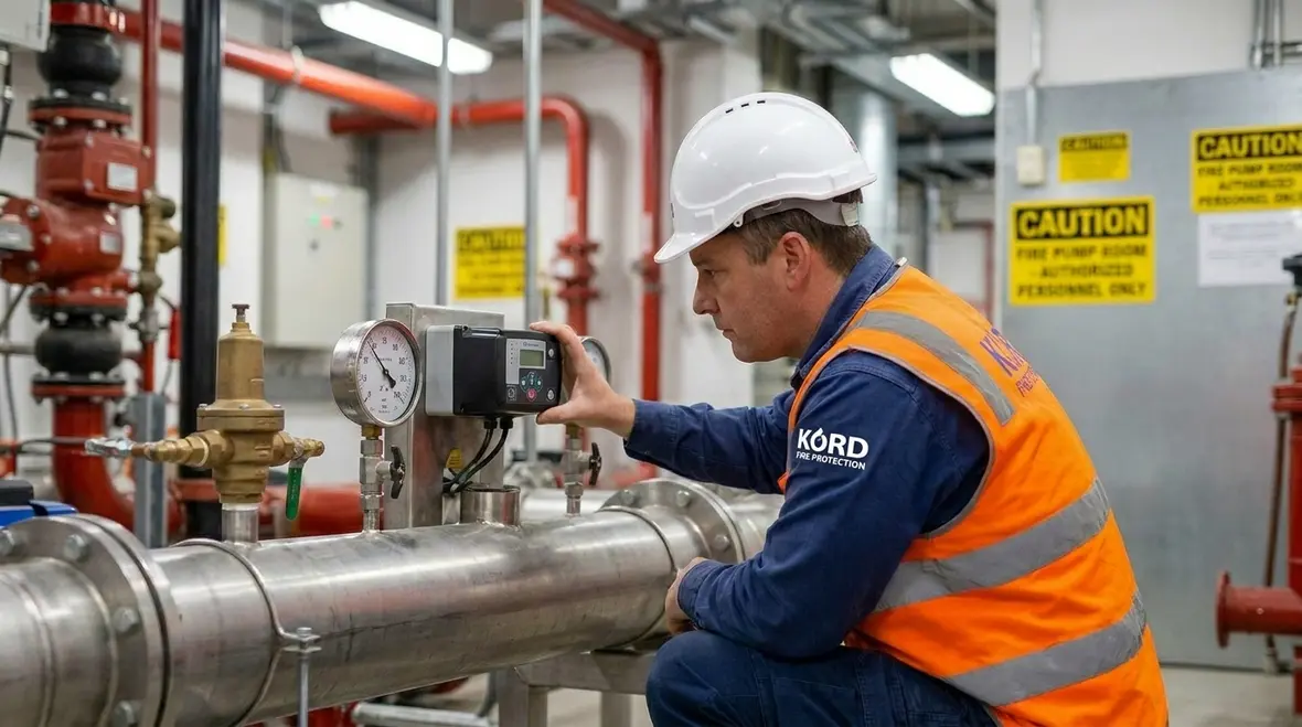 Commercial sprinkler pressure gauges and piping in a large network