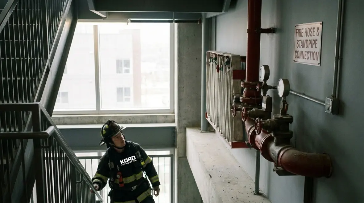 Commercial standpipe system piping and hose connection in a building