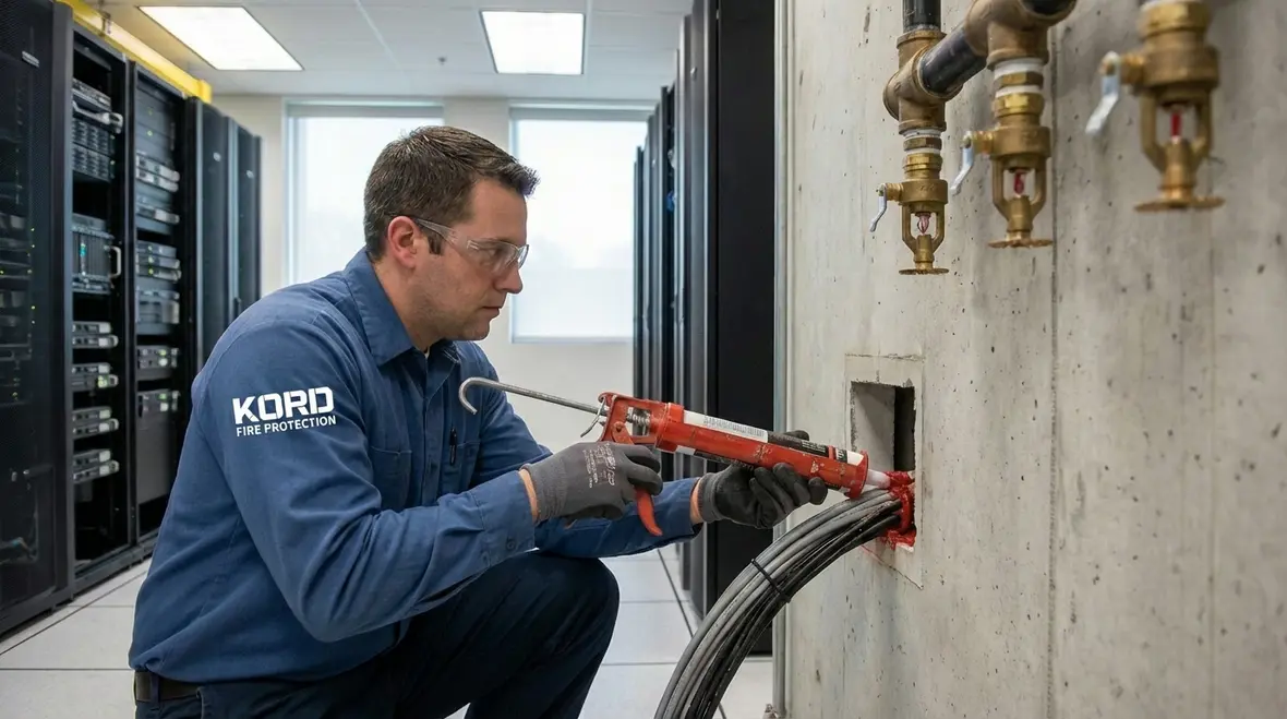 Technician evaluating fire suppression options for a server room