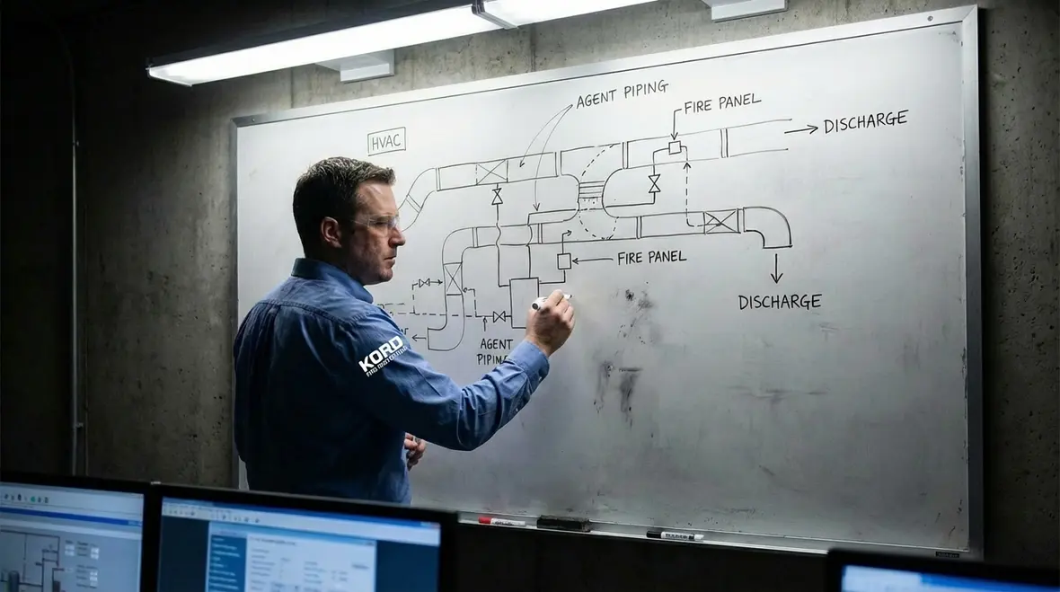 Engineers designing a data center fire suppression system