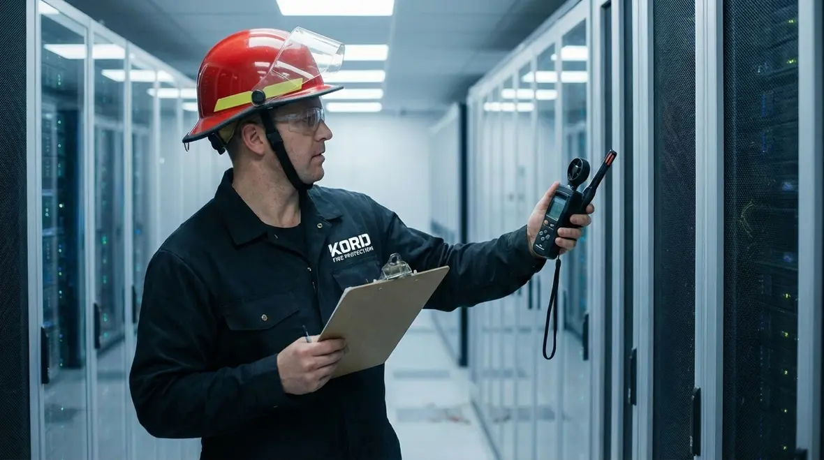 Technicians reviewing data center fire suppression layout