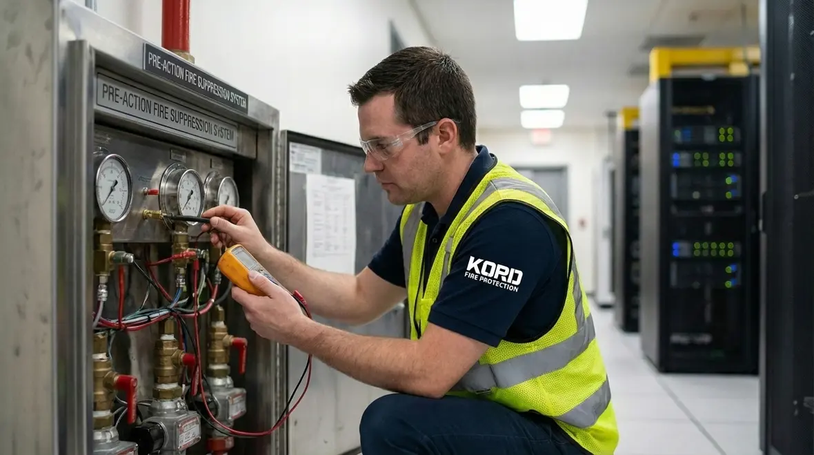 Technician inspecting pre action fire suppression valves and air pressure for a data center