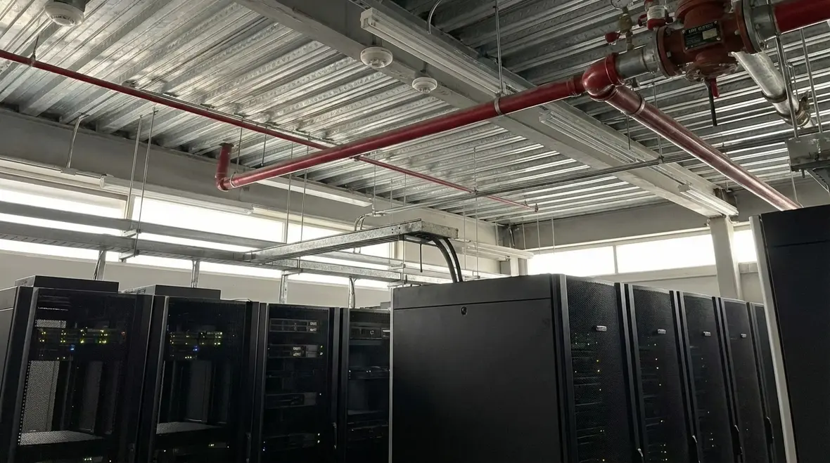 Data center server room protected by pre action fire suppression