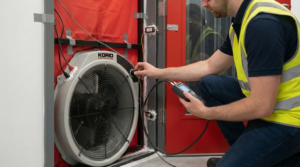 Technician testing room integrity in a server room