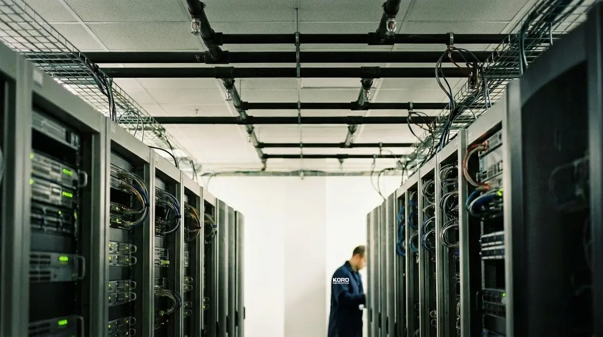 Overhead sprinklers protecting a modern data center