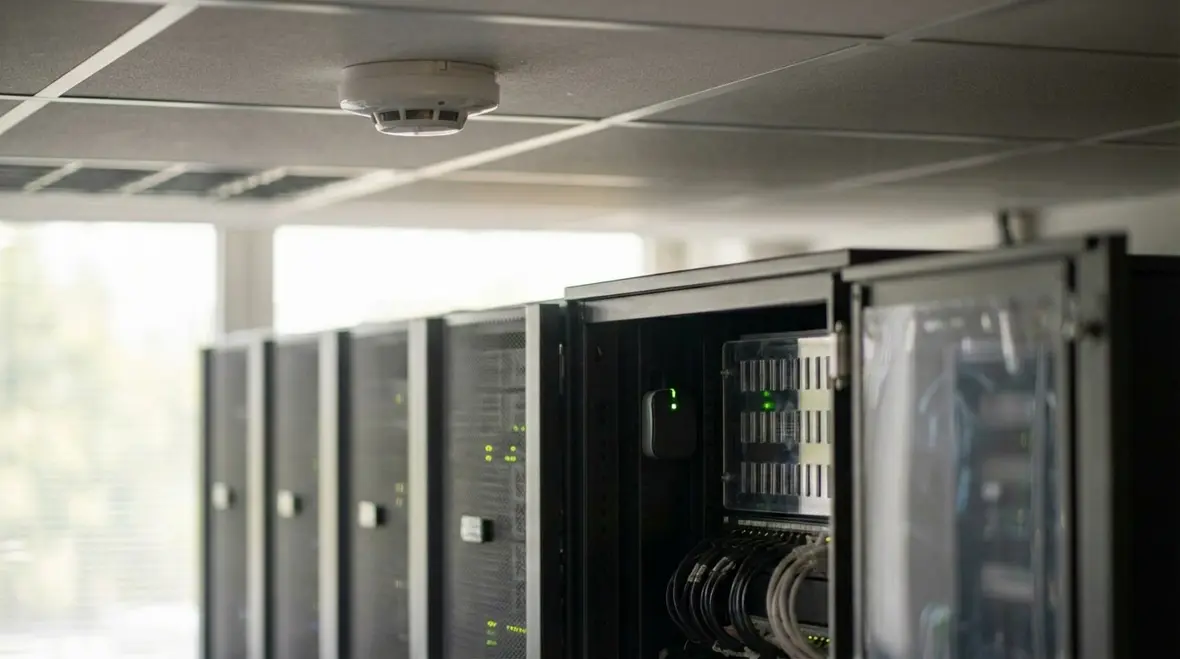 Smaller telecom room with cables and fire protection concerns