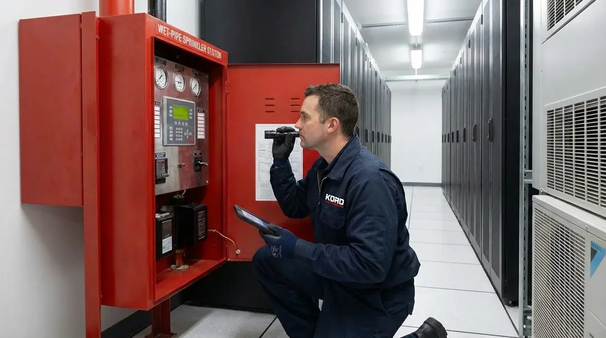 Fire protection technician reviewing data center sprinkler riser