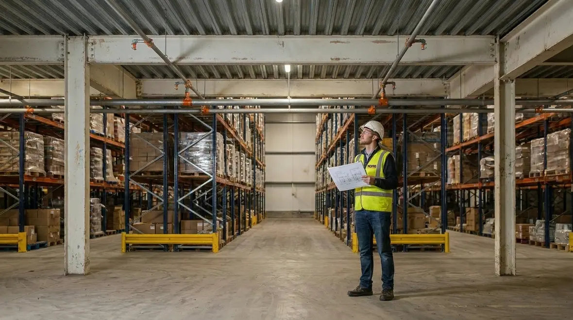 Sprinkler grid design coordinated with warehouse structural elements