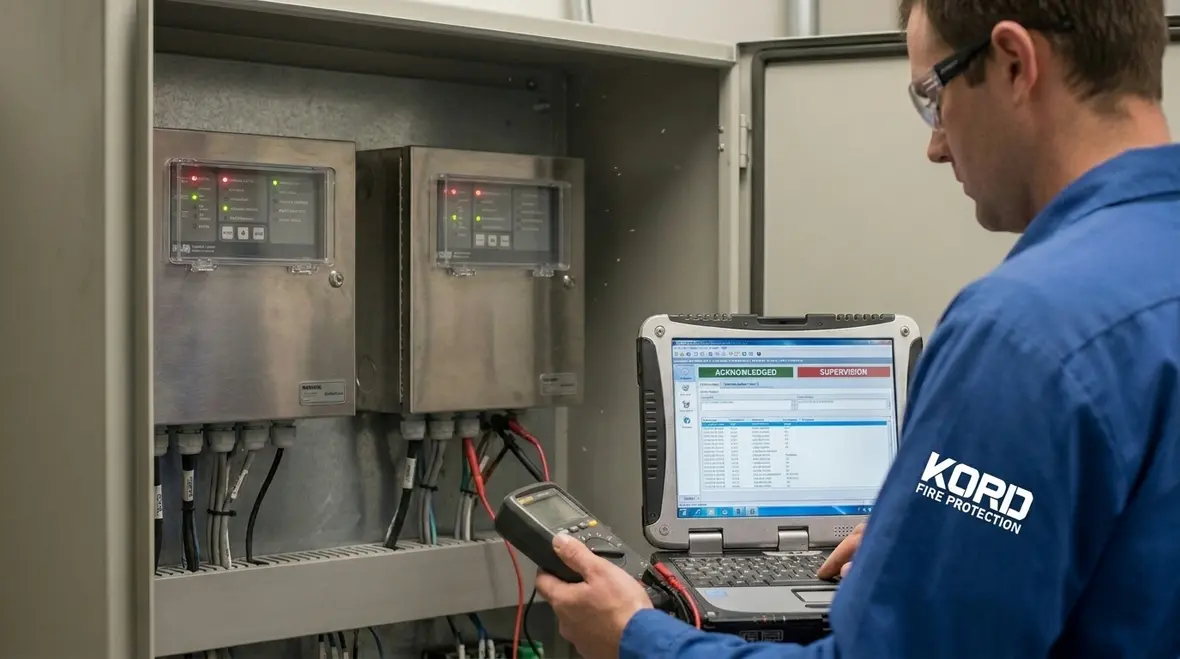 Fire alarm network supervision and acknowledgment testing in a commercial facility